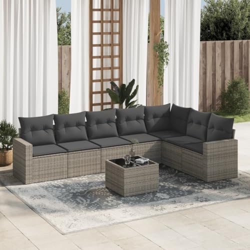 Aiious 8-TLG Garten Sofagarnitur in Grau mit Poly Rattan, Staufach und Glas Tischplatte von Aiious