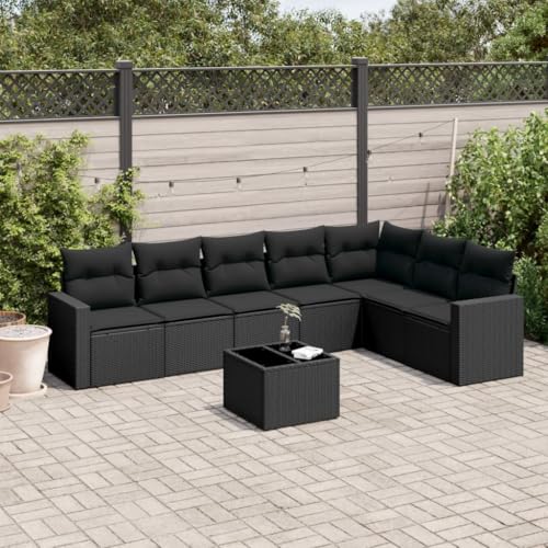 Aiious 8-TLG Garten-Sofagarnitur Schwarz Poly Rattan mit Kissen Stauplatz Glas-Tischplatte Modulares Design von Aiious