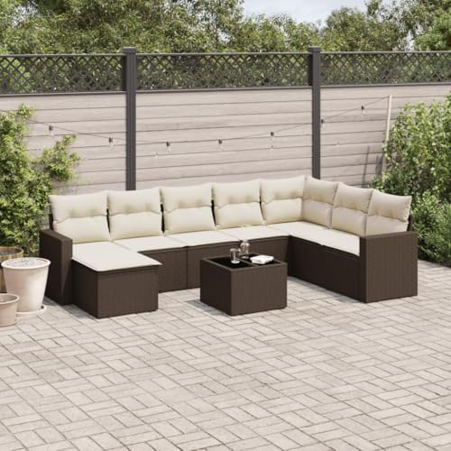 Aiious 9-TLG Garten-Sofagarnitur Braun Poly Rattan mit Kissen Staufach und Glas-Tischplatte von Aiious