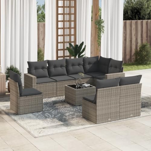 Aiious 9-TLG Garten-Sofagarnitur Grau Poly Rattan mit Kissen, Staufach, Glas-Tischplatte und modularer Design f¨¹r Garten Terrasse Innenhof von Aiious
