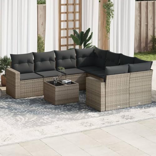 Aiious Garten-Sofagarnitur 9-TLG. Grau Poly Rattan mit Kissen, Stauraum und Glas-Tischplatte f¨¹r Garten Terrasse Innenhof von Aiious