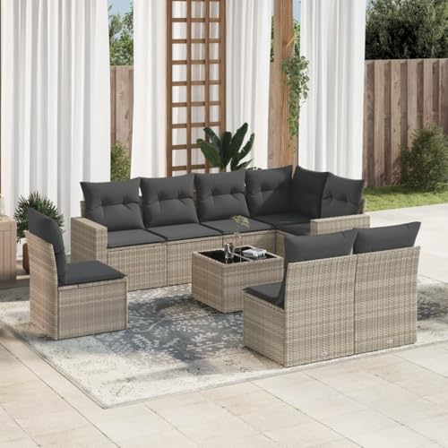 Aiious 9-TLG Garten-Sofagarnitur Hellgrau mit PE-Rattan Kissen und Glas-Tischplatte Fuer Garten Terrasse Innenhof Aiious 9-TLG Garten-Sofagarnitur Hellgrau mit PE-Rattan Kissen und Glas-Tischplatte Fuer Garten Terrasse Innenhof von Aiious