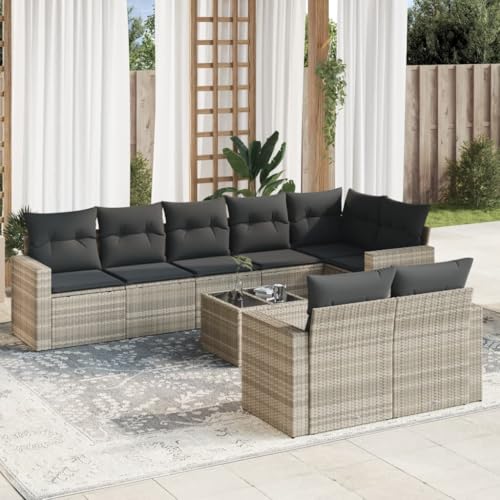 Aiious 9-TLG Garten-Sofagarnitur Hellgrau Poly Rattan mit Kissen Staufach und Glas-Tischplatte Aiious 9-TLG Garten-Sofagarnitur Hellgrau Poly Rattan mit Kissen Staufach und Glas-Tischplatte von Aiious