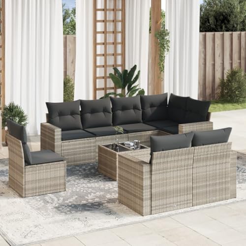 Aiious 9-TLG Garten-Sofagarnitur Hellgrau Poly Rattan mit Kissen, Stauraum und Glas-Tischplatte f¨¹r Garten Terrasse Innenhof Aiious 9-TLG Garten-Sofagarnitur Hellgrau Poly Rattan mit Kissen, Stauraum und Glas-Tischplatte f¨¹r Garten Terrasse Innenhof von Aiious