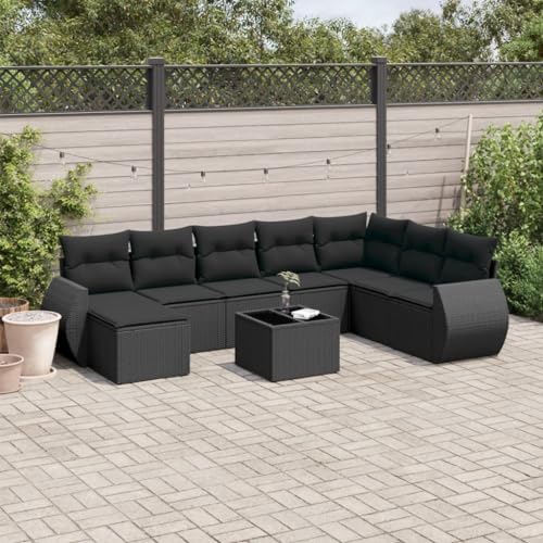 Aiious Garten-Sofagarnitur Schwarz 9-TLG mit PE-Rattan Poly, Glas Tischplatte, Bequeme Kissen und Modular Design von Aiious