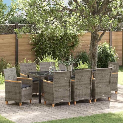Aiious 9-teiliges Garten-Essset mit Kissen Grau Poly Rattan von Aiious