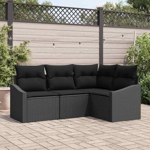 Aiious Modernes Gartensofa Set 4 Personen Poly Rattan Schwarz Langlebig Bequeme Kissen von Aiious