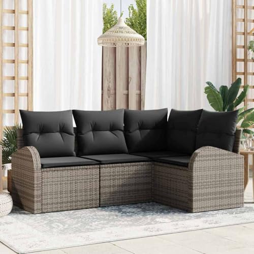 Aiious 4er Set Gartensofa mit Kissen in Grau aus wetterfestem Poly Rattan von Aiious