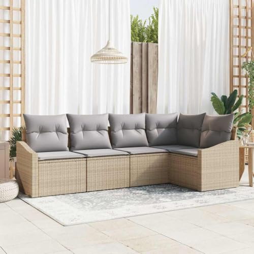 Aiious Robustes Gartensofa Set Beige 5 Personen Poly Rattan mit Kissen von Aiious