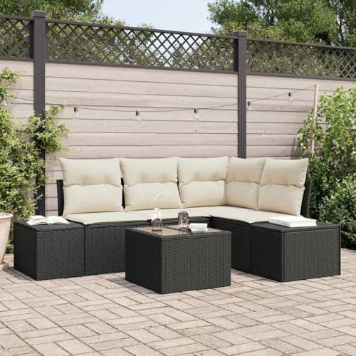 Aiious Robustes Outdoor Sofa Set in Schwarz 5 teilig Poly Rattan mit Kissen von Aiious