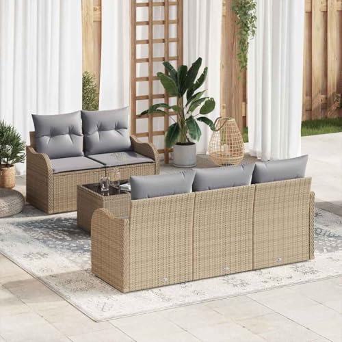 Aiious Gartensofa Set 6 Personen Beige UV-best?ndig Poly Rattan Modular Komplett Mit Tisch von Aiious