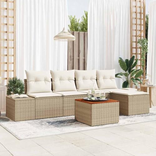 Aiious 6er Set Gartensofa mit Kissen Beige Wetterfest Poly Rattan von Aiious