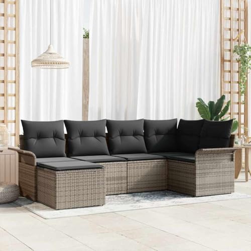 Aiious Robustes 6er Sofa Set Grau Fuer Aussenbereich Poly Rattan Kissen Bequem von Aiious