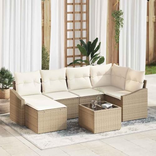 Aiious Modulares 7 Personen Garten Sofa Set Beige Poly Rattan Komfortabel von Aiious