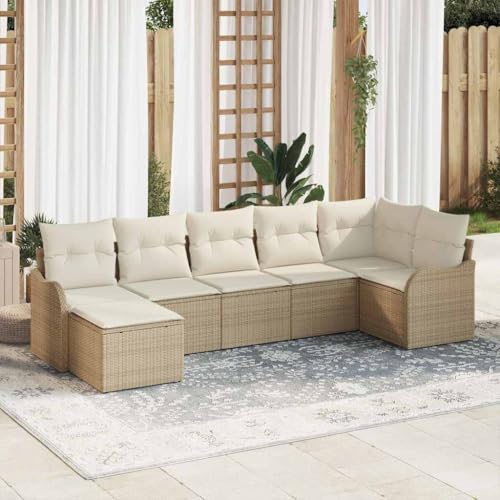 Aiious Wetterfestes Rattan Gartensofa Set 7 Stueck Beige mit Outdoor Kissen von Aiious