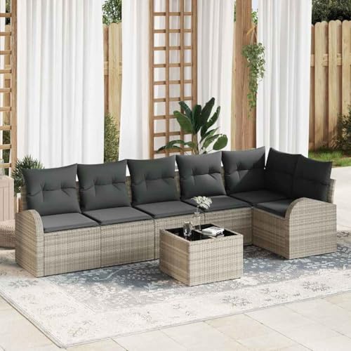 Aiious 7-teiliges Gartensofa Set Hellgrau Poly Rattan Mit Kissen Modular Flexibel Wetterbestaendig Komfortabel von Aiious