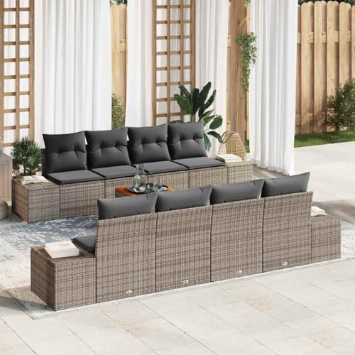Aiious Wetterfestes Graues Gartensofa Set 9 Teile Poly Rattan mit Akazienholz Tisch von Aiious