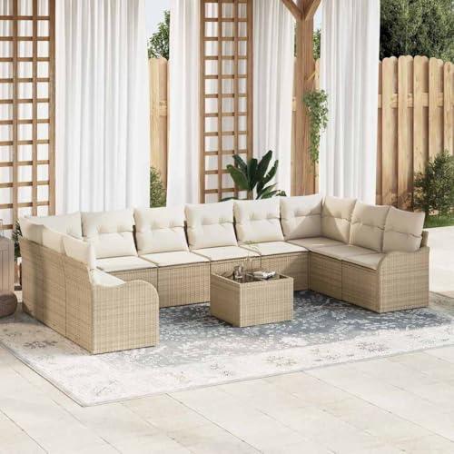 Dritter Absatz: Outdoor Sofa Set 11 teilig Beige mit Kissen aus Poly Rattan und Polyester von Aiious