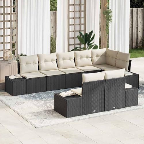 Aiious Wetterfestes Gartensofa mit Schaumkissen 8er Set Schwarz und Creme Poly Rattan Stahlrahmen von Aiious