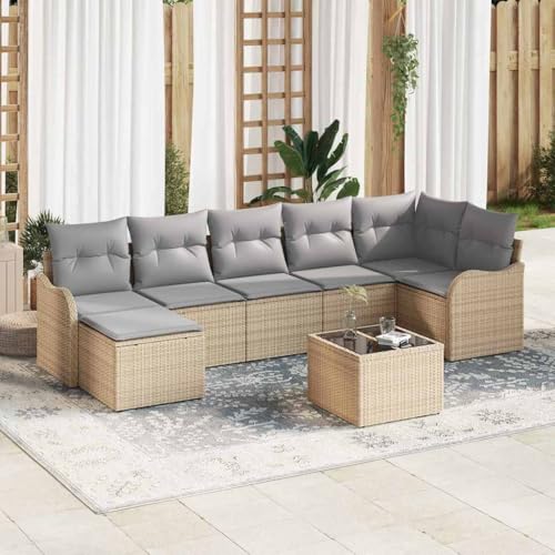 Aiious 8-teiliges Gartensofa-Set in Beige mit Polyrattan Gestell Komfortable Sitzgruppe Fuer Aussenbereiche mit Kissen von Aiious