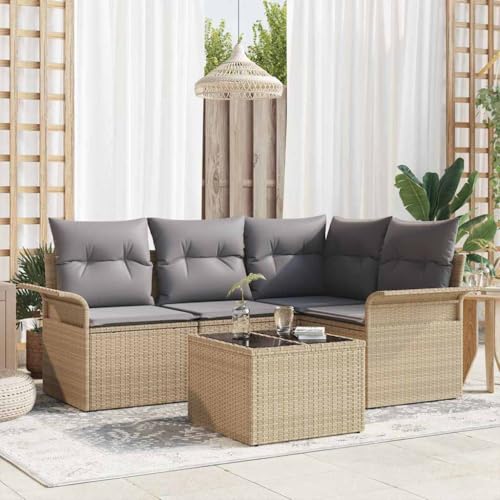 Aiious Robustes 5-teiliges Gartensofa Set in Beige aus wetterfestem Poly Rattan mit komfortablen Kissen Aiious Robustes 5-teiliges Gartensofa Set in Beige aus wetterfestem Poly Rattan mit komfortablen Kissen von Aiious