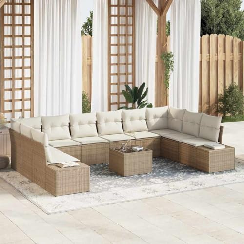 Aiious 11-teiliges Poly Rattan Sofa Set Fuer Aussenbereich mit Kissen Beige von Aiious