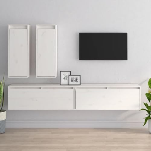 Aiious TV-Schrank H?ngeschrank aus Massivholz Kiefer f¨¹r Wohnzimmer B¨¹cherregal Wandregal Stauraum Dekoregal Wei? Landhaus Design Modern Einfach Montage Schwebend Ohne Schrauben und D¨¹Bel von Aiious