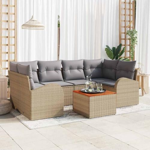 Aiious Robustes 7-Personen Gartensofa Set in Beige aus wetterfestem Poly Rattan mit Tisch von Aiious