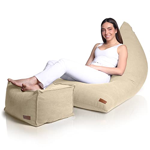 Aiire Modern Sitzsack mit Hocker XXL Design - Riesen Bean Bag + Pouf Flauschig mit Füllung für Jungen und Kinder - Sitz Sack Sofa mit Lehne - Fußhocker Fußkissen Bodenkissen und Liege Beige von Aiire