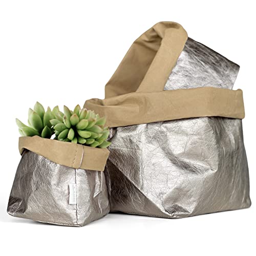 Set 3 Gold Deko Kraftpapierkörbe - Übertopf oder Blumentopf für Die Goldene Dekoration des Wohnzimmer - Korb, Vase, Blumenständer für Bad und Küche von Aiire