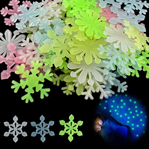 Aiishow Schneeflocken-Aufkleber, fluoreszierend, 200 Stück, bunte 3D-Weihnachtsschneeflocke, beleuchtet, für Kinderzimmer, Heimdekoration, Weihnachten von Aiishow