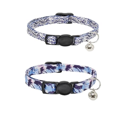 AIITLE Verstellbares Katzenhalsband mit Sollbruchstelle, 2er-Pack, abnehmbare Sicherheitsschnalle und leichtes Design für den Innen- und Außenbereich – Kokosnussbaum-Aufdruck (lila) von Aiitle