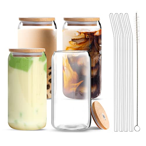 Aikio Trinkgläser mit Bambusdeckel und Glasstrohhalm, Eiskaffeebecher, Glasbecher in Dosenform, Biergläser, Pint-Gläser, ideal für Wasser, Cocktails, Whisky, Soda, Geschenke, 4er-Set, 473 ml von Aikio