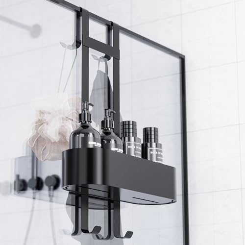 Aikzik Duschablage zum Hängen - Duschablage ohne bohren Edelstahl Duschkorb zum Hängen der Glas, Shampoo Duschregal für Dusche Duschwand mit 4 Haken(Schwarz) von Aikzik