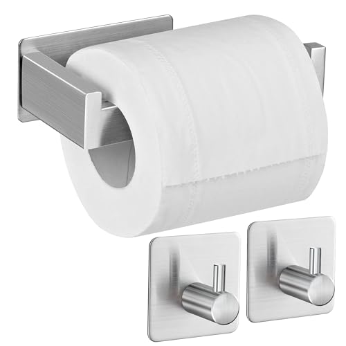 Aikzik Toilettenpapierhalter ohne Bohren, Selbstklebend Toilettenpapierrollenhalter Edelstahl Klopapierhalter Wc Halter Klorollenhalter mit 2 Stück Handtuchhaken für Küche und Badzimmer, Silber von Aikzik