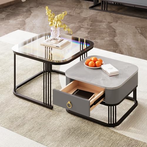AilZylphera Couchtisch 2er Set, Wohnzimmertisch mit Metallgestell, Sofatisch/Kaffeetisch mit Schubladen, Satztisch/Kleiner Tisch für Wohnzimmer, Balkon und Büro，beistelltisch 2er Set (1) von AilZylphera
