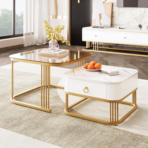 AilZylphera Couchtisch 2er Set, Wohnzimmertisch mit Metallgestell, Sofatisch/Kaffeetisch mit Schubladen, Satztisch/Kleiner Tisch für Wohnzimmer, Balkon und Büro，beistelltisch 2er Set (2) von AilZylphera