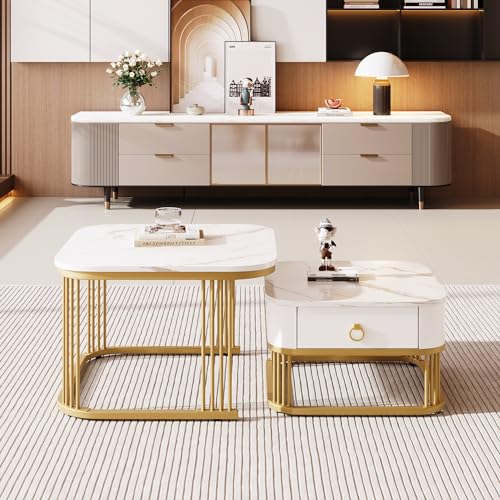 AilZylphera Couchtisch 2er Set, Wohnzimmertisch mit Metallgestell, Sofatisch/Kaffeetisch mit Schubladen, Satztisch/Kleiner Tisch für Wohnzimmer, Balkon und Büro，beistelltisch 2er Set (3) von AilZylphera
