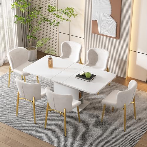 AilZylphera Esszimmerstuhl 6er Set aus Samt, Moderne Küchenstühle mit weicher Rückenlehne, Polsterstuhl mit goldenen Metallbeinen, 6er Set stühle für Esszimmer, Wohnzimmer, Beige (6) von AilZylphera