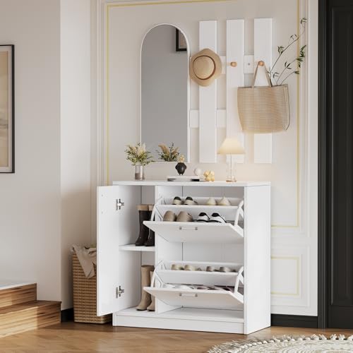 AilZylphera Garderobe mit schuhschrank 80x35x180cm, Flurgarderobe mit Spiegel,Kompaktgarderobe/Wandgarderobe mit 4 Haken, Gaderobenschränke Flur Set/garderoben komplettprogramme, weiß (2) von AilZylphera