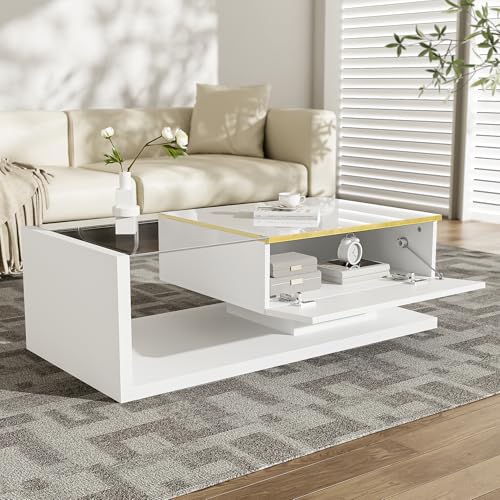 AilZylphera Hochglanz Couchtisch weiß mit LED 100 x 50 x 32.5 cm, Wohnzimmertisch mit stauraum, beistelltisch Couch, Sofatisch/stubentisch, kaffeetisch für Wohnzimmer, Büro oder Esszimmer. (weiß, 2) von AilZylphera