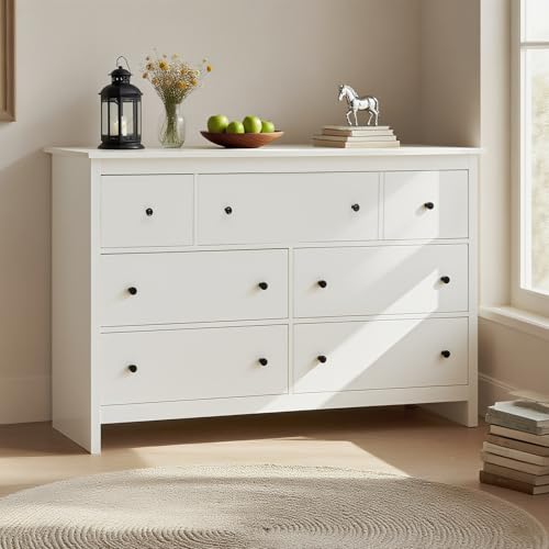AilZylphera Kommode Weiß mit 7 Schubladen, 152cm breit Holz Kommodenschrank Sideboard Kommode Wohnzimmer Esszimmerschrank Anrichte für Eingang, Schlafzimmer und Wohnzimmer, 152x40x89cm (Weiß) von AilZylphera
