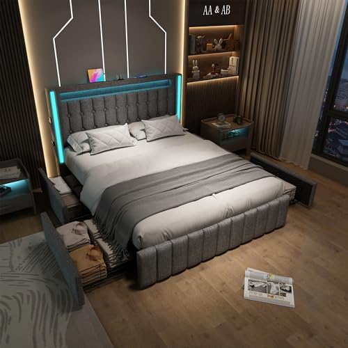 AilZylphera Polsterbett 160x200 mit 4 Schubladen, Bettgestell mit LED, USB und Typ C Stauraumbetten Doppelbett Jugendbetten Bettrahmen Funktionsbett, Leinenmaterial, Ohne Matratze (Grau, 160 x 200cm) von AilZylphera