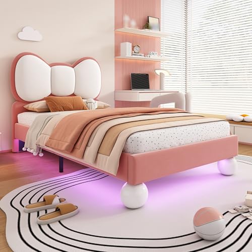 AilZylphera Polsterbett Kinderbett 90x200 cm mit LED, Mädchen Bett mit Fliegeformiges Bettkopfteil, Einzelbett mit Lattenrost, Jugendbett in Samt, Ohne Matratze, Beige + Rosa(3) von AilZylphera