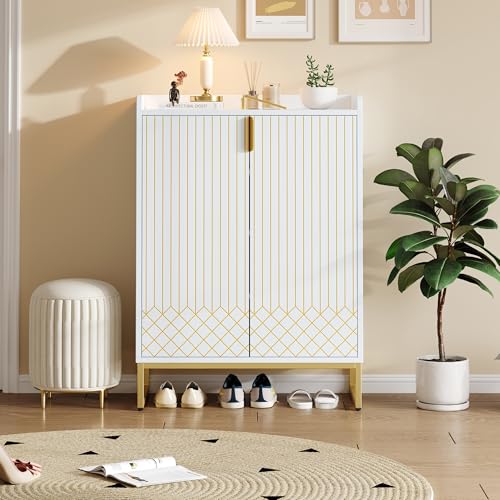 Schuhschrank mit 2 Türen und Kippschutz 75 x 37 x 105 cm. Schuhregal mit verstellbaren Trennwänden für mindestens 12 Paar Schuhe,Schuhkommode für Eingangsbereich,Flur oder Wohnzimmer, Weiß + Gold (3) Schuhschrank mit 2 Türen und Kippschutz 75 x 37 x 105 cm. Schuhregal mit verstellbaren Trennwänden für mindestens 12 Paar Schuhe,Schuhkommode für Eingangsbereich,Flur oder Wohnzimmer, Weiß + Gold (3) von AilZylphera