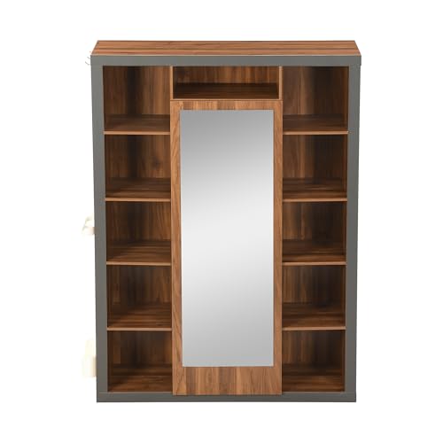 AilZylphera Standgarderobe mit Spiegel,Flurgarderobe, Kompaktgarderobe,Multifunktionsgarderobe und Vitrine, Bücherregalkombination,115x30x165cm, Grau+schwarz von AilZylphera