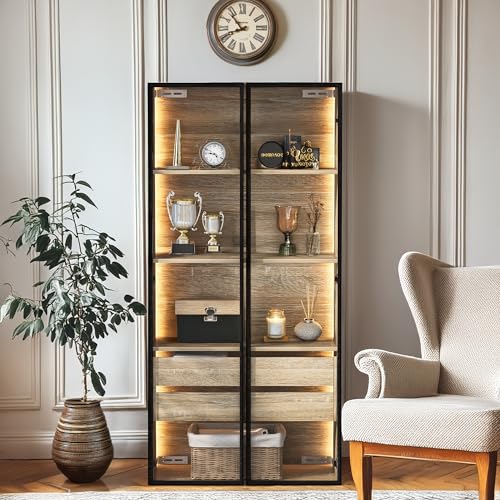 AilZylphera Vitrinenschrank mit LED, 74x36x155cm Badezimmerschrank Hoch mit 2 Schublade Glasvitrine Hängend Aufbewahrungsschrank Küchenschrank Wohnzimmer Vitrine Glas Hochschrank (C, Natural) von AilZylphera