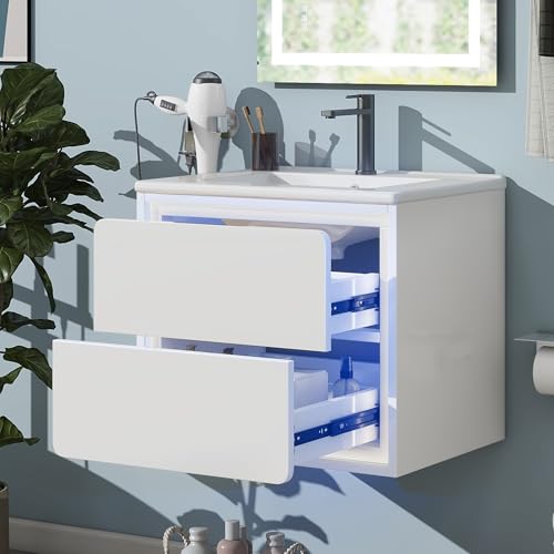 AilZylphera waschbeckenunterschrank hängend mit LED-Radarsensor-Beleuchtung,waschtisch mit unterschrank,Badmöbel Set inkl. Waschbecken und Schubladen, Badezimmer unterschrank mit Keramikbecken (2) von AilZylphera