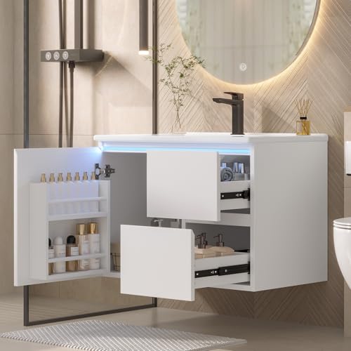 AilZylphera waschbeckenunterschrank hängend mit LED-Radarsensor-Beleuchtung,waschtisch mit unterschrank,Badmöbel Set inkl. Waschbecken und Schubladen, Badezimmer unterschrank mit Keramikbecken (3) von AilZylphera