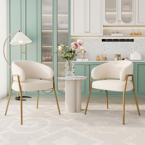 Esszimmerstühle 2er Set, Teddy Polsterstuhl, Essstühle - Geschwungene Rückenlehne & Armlehnen, Küchenstuhl mit Metallrahmen, Stühle für Esszimmer, Küche, Schlafzimmer und Wohnzimmer, Weiß (2) von AilZylphera